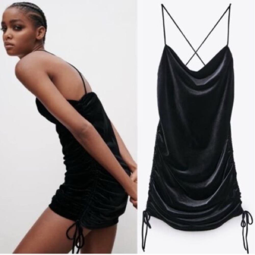 NWOT ZARA Black Velvet mini dress with cowl neck size L🖤